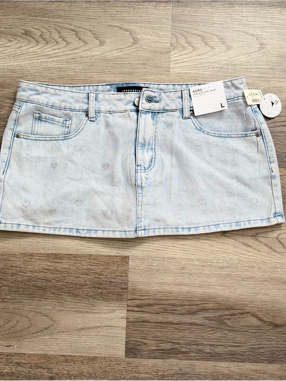 Aeropostale Light Wash Denim Mini Skirt with Heart Studs